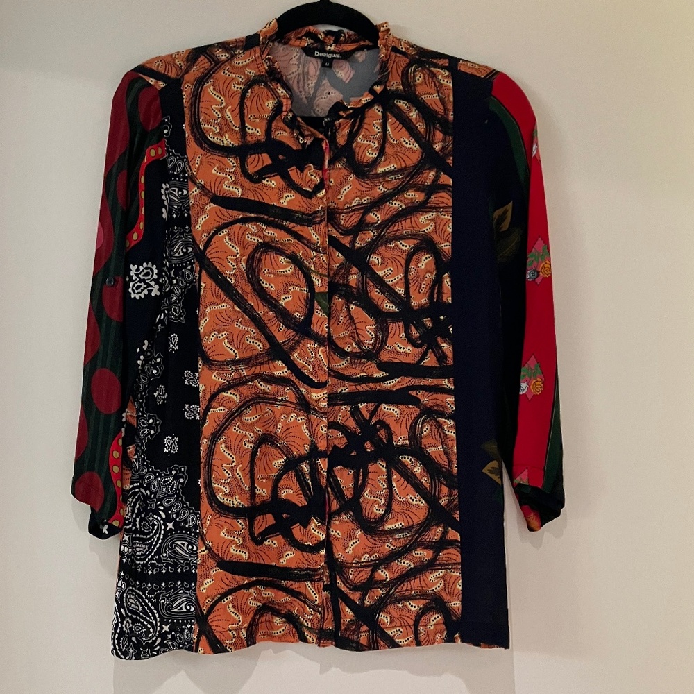 Desigual Multicolor Patchwork Button-Up Blouse with Orange & Red Accents